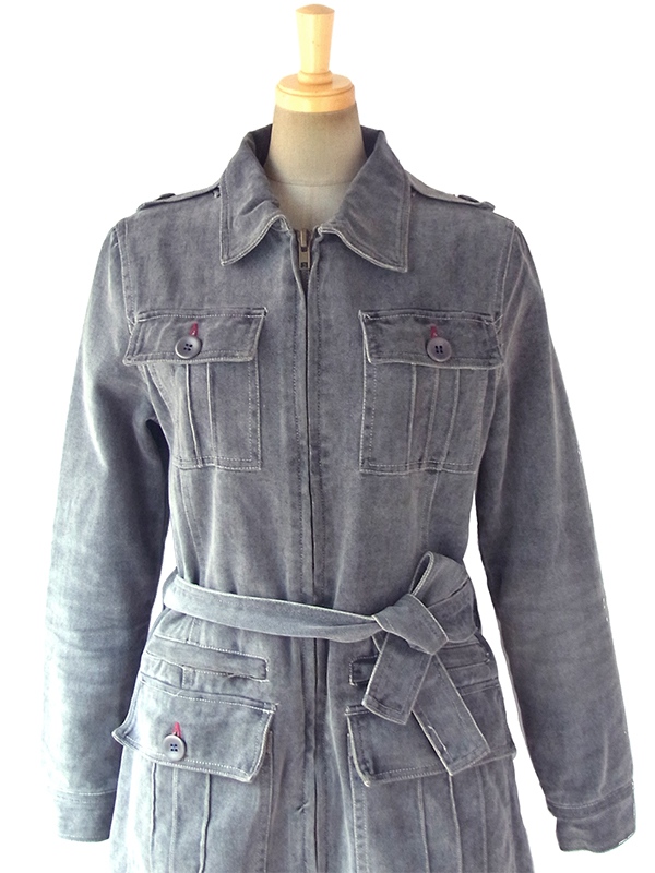ヨーロッパ古着 ロンドン買い付け グレイ X ポケットがたくさん 共布ベルト付き ジップアップ  コート 06UK167