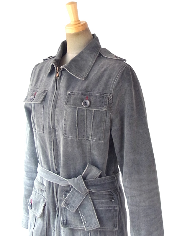 ヨーロッパ古着 ロンドン買い付け グレイ X ポケットがたくさん 共布ベルト付き ジップアップ  コート 06UK167