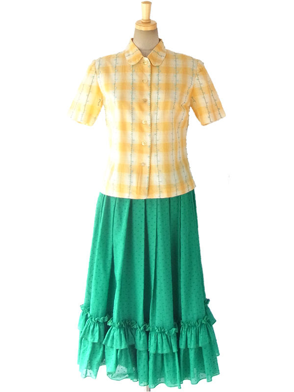 ヨーロッパ古着 ロンドン買い付け 60年代製 レモン色 チェック柄 X 水色・グリーンの花柄刺繍 ブラウス 11BS078