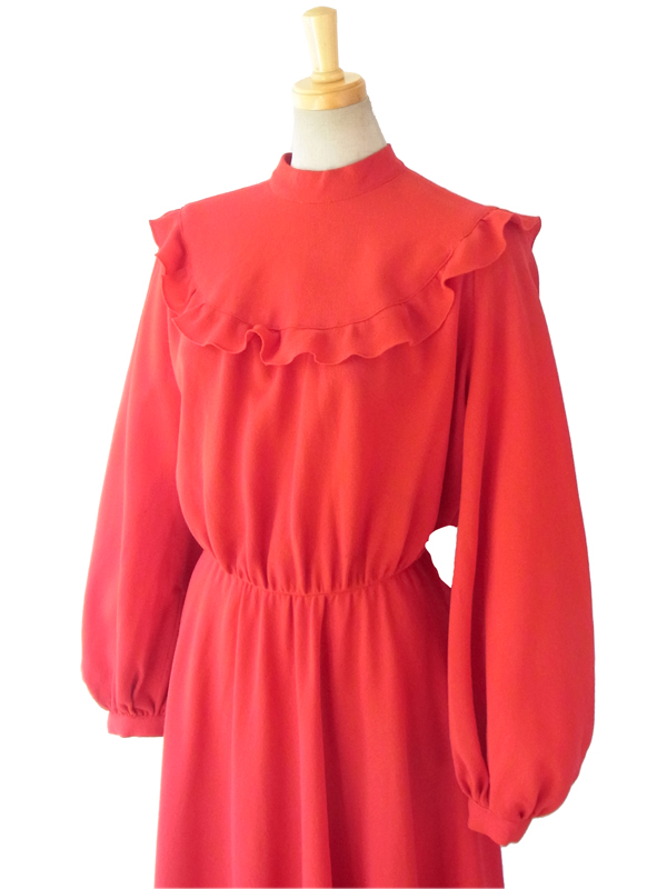 ヨーロッパ古着 ロンドン買い付け ６０年代製 真紅 X たっぷりギャザーフリル ヴィンテージ エレガントワンピース 12BS522