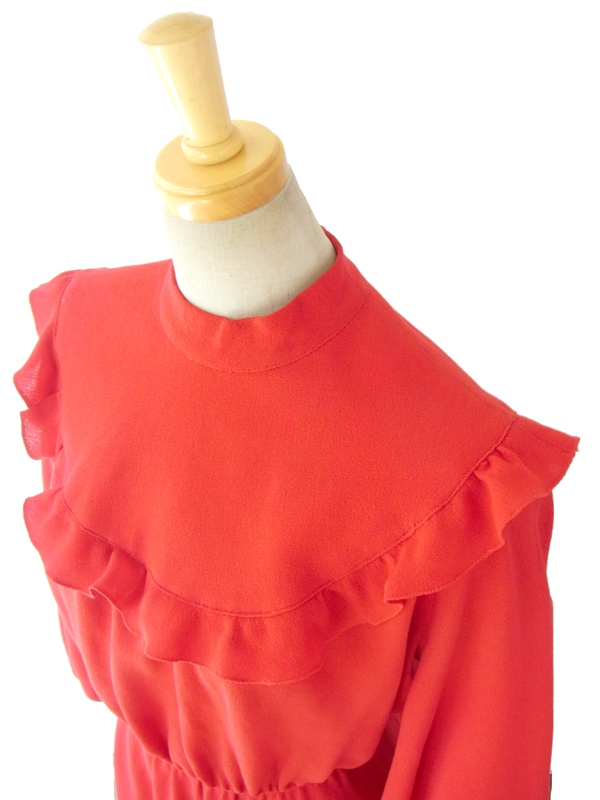 ヨーロッパ古着 ロンドン買い付け ６０年代製 真紅 X たっぷりギャザーフリル ヴィンテージ エレガントワンピース 12BS522