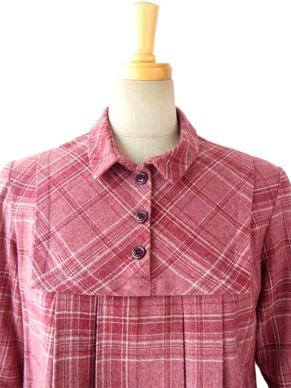 ヨーロッパ古着 ６０年代フランス製 ヴィンテージ ボルドー X　チェック柄 ヴィンテージ ワンピース 12F112