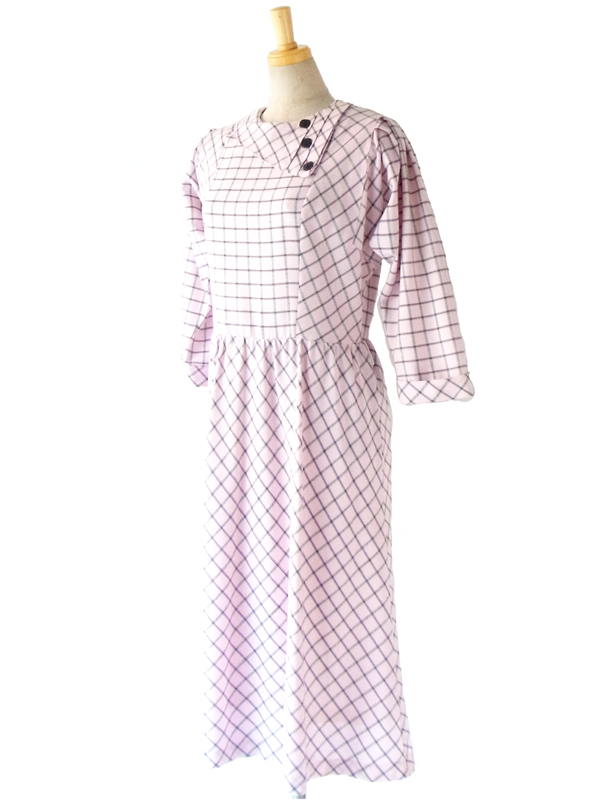 ヨーロッパ古着 60年代フランス製 ピンク X 格子柄 ふんわりライン ヴィンテージ ワンピース : 12FC306