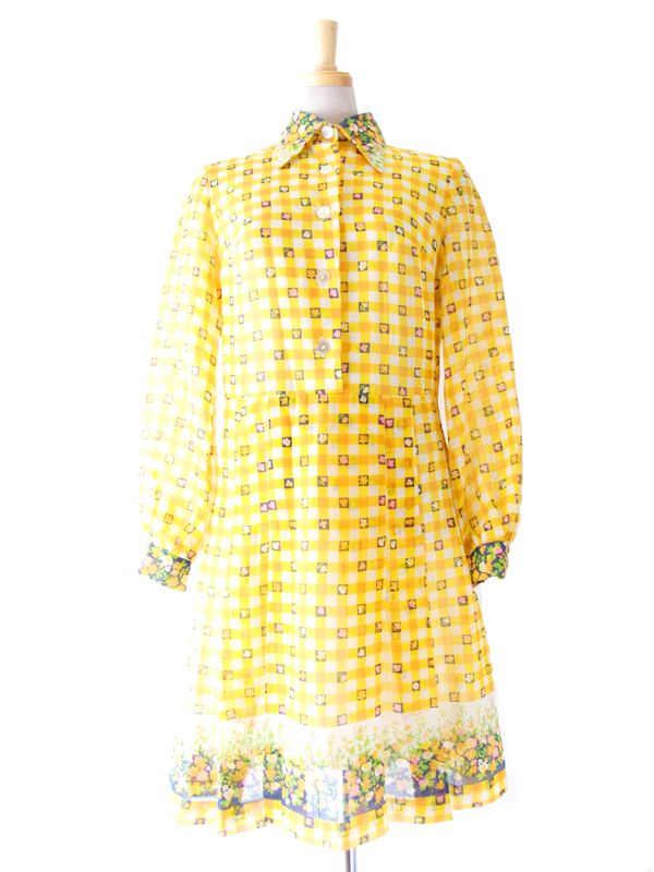 ヨーロッパ古着 ロンドン買い付け 60年代製 黄・白 ブロックチェック・花柄 ヴィンテージ ワンピース : 13BS101