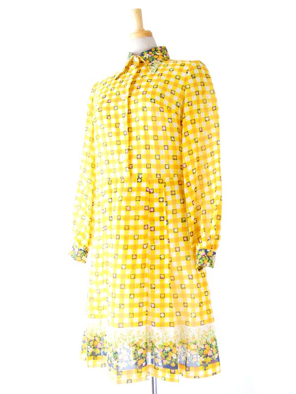 ヨーロッパ古着 ロンドン買い付け 60年代製 黄・白 ブロックチェック・花柄 ヴィンテージ ワンピース : 13BS101