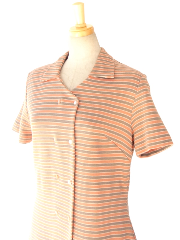 ヨーロッパ古着 ロンドン買い付け 60年代製 オレンジ X グレイ 淡い色合いのボーダー ヴィンテージ ワンピース 13BS200