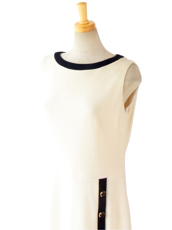 ヨーロッパ古着 ロンドン買い付け ６０年代製 アイボリー X ブラック バイカラー 高級感のある上品ウールドレス 13BS264