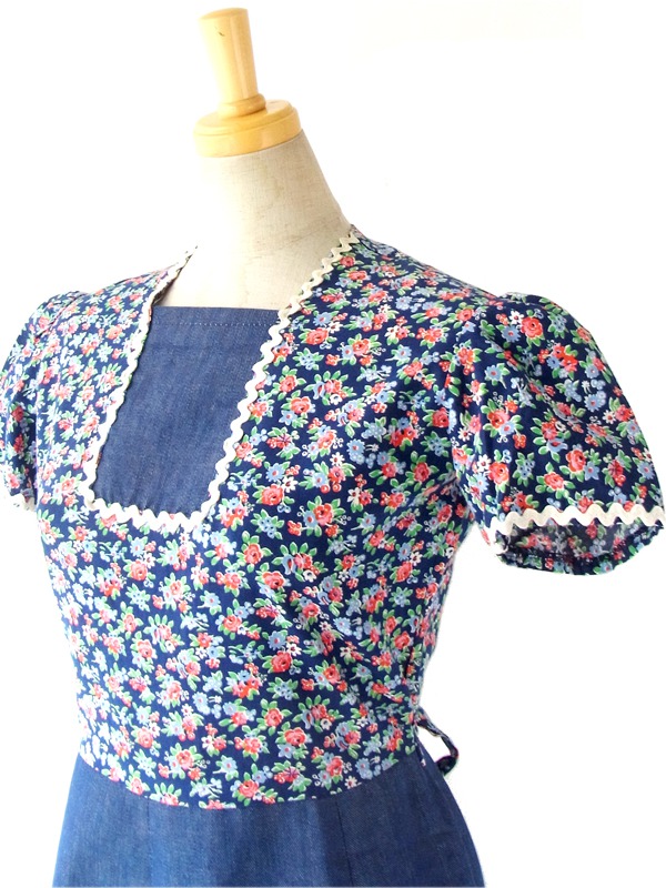 ヨーロッパ古着　フランス買い付け ６０年代製 花柄 x 山道テープ ヴィンテージ デニム ワンピース : 13FC207