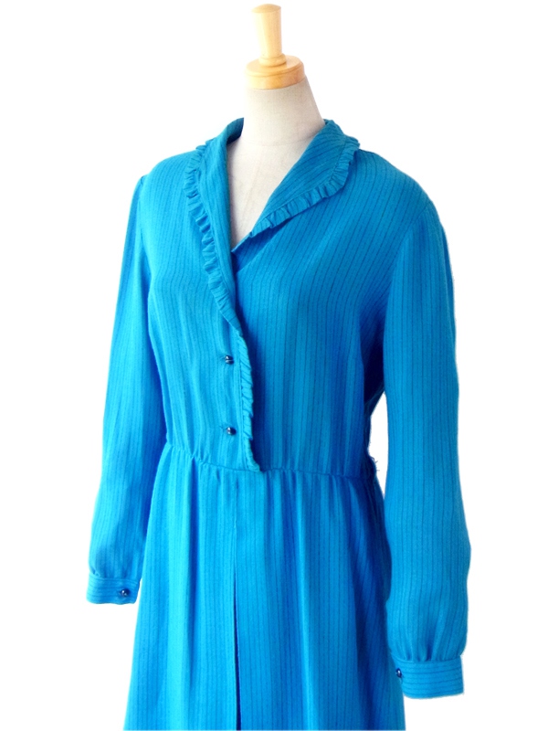 フランス買い付け ブルー X ブラック　ストライプ　ギャザー　ヴィンテージ　ワンピース :　13FC20