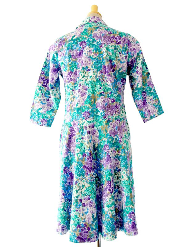 ヨーロッパ古着 フランス買い付け　ブルー X パープル 紫陽花プリント ヴィンテージ ワンピース :　13FC305