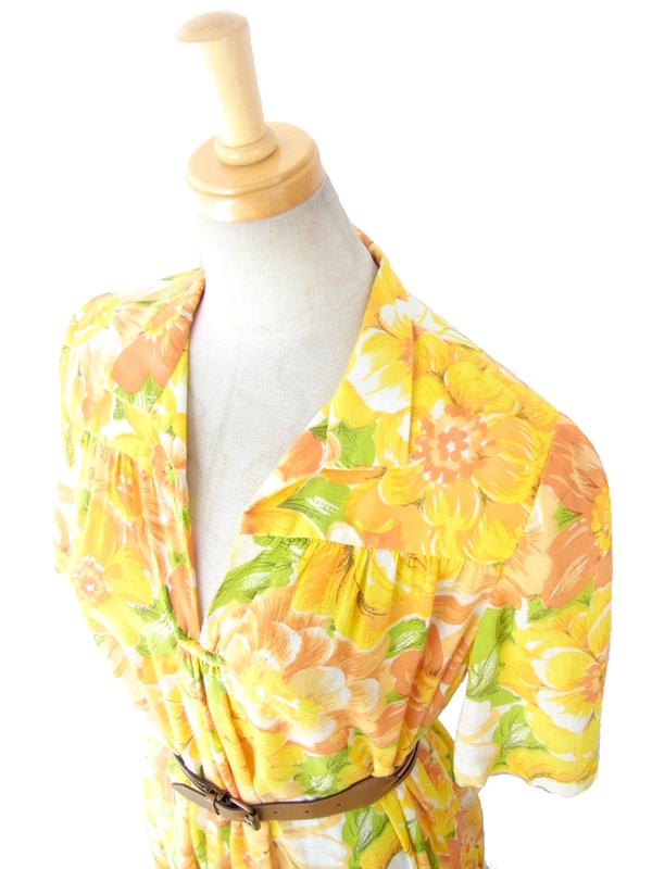 ヨーロッパ古着 フランス買い付け　６０年代製 ブライトイエロー 花柄プリント ヴィンテージ ワンピース 13FC306