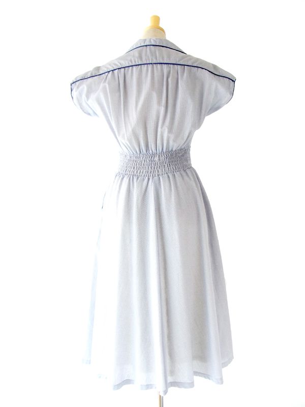 ヨーロッパ古着 フランス製 ホワイト X ブルー 千鳥格子風プリント　 ヴィンテージ　ワンピース :　13FC411