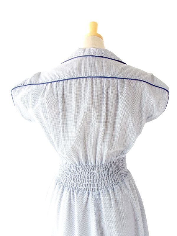 ヨーロッパ古着 フランス製 ホワイト X ブルー 千鳥格子風プリント　 ヴィンテージ　ワンピース :　13FC411