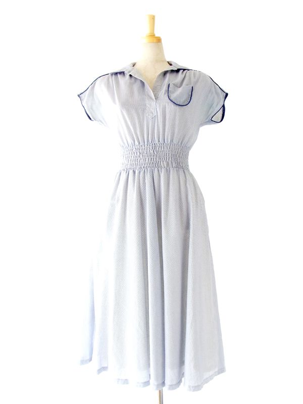 ヨーロッパ古着 フランス製 ホワイト X ブルー 千鳥格子風プリント　 ヴィンテージ　ワンピース :　13FC411