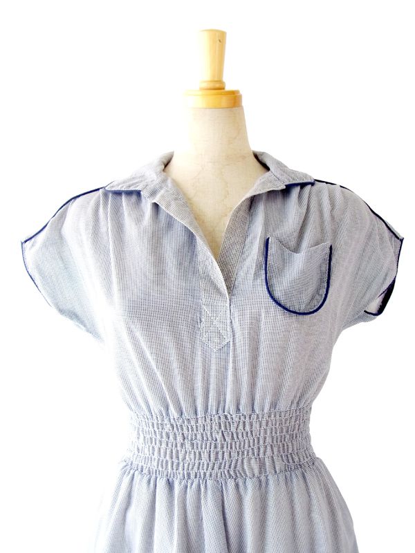 ヨーロッパ古着 フランス製 ホワイト X ブルー 千鳥格子風プリント　 ヴィンテージ　ワンピース :　13FC411