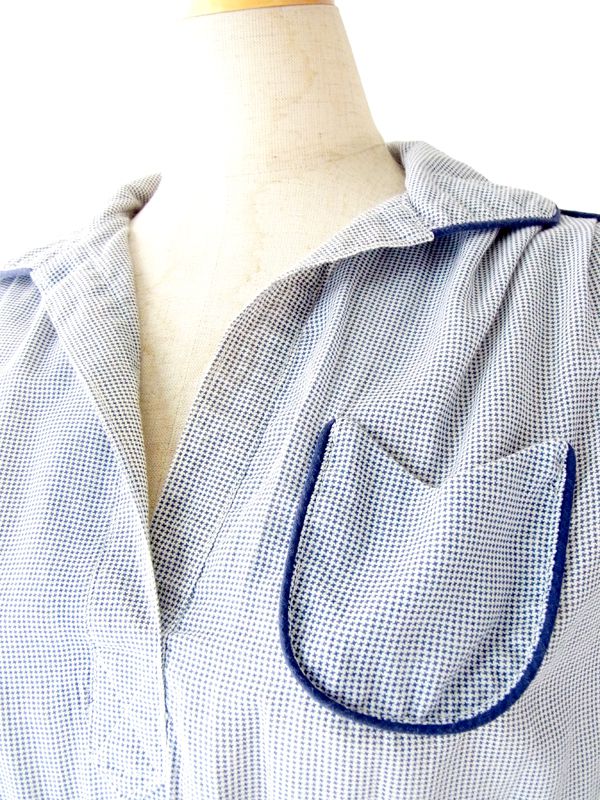 ヨーロッパ古着 フランス製 ホワイト X ブルー 千鳥格子風プリント　 ヴィンテージ　ワンピース :　13FC411