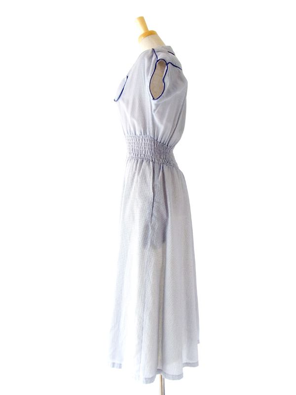 ヨーロッパ古着 フランス製 ホワイト X ブルー 千鳥格子風プリント　 ヴィンテージ　ワンピース :　13FC411