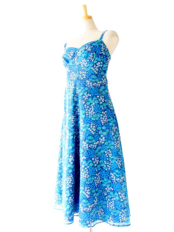 ヨーロッパ古着 フランス買い付け ブルー 花柄プリント ヴィンテージ ワンピース : 13FC418
