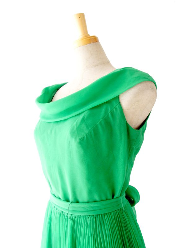 ヨーロッパ古着 フランス買い付け グリーン X アコーディオンプリーツ ヴィンテージ　ワンピース :　13FC425