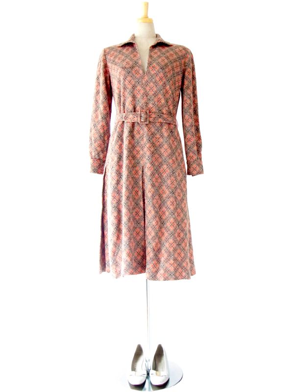ヨーロッパ古着 60年代製 フランス買い付け レッド×ブラウン×ホワイト アーガイル チェック柄 ベルト付き ワンピース : 13FC607