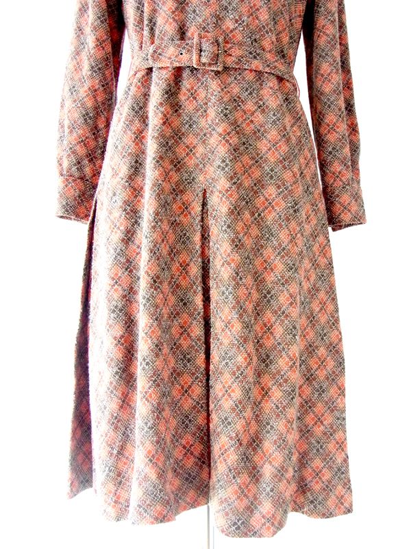 ヨーロッパ古着 60年代製 フランス買い付け レッド×ブラウン×ホワイト アーガイル チェック柄 ベルト付き ワンピース : 13FC607