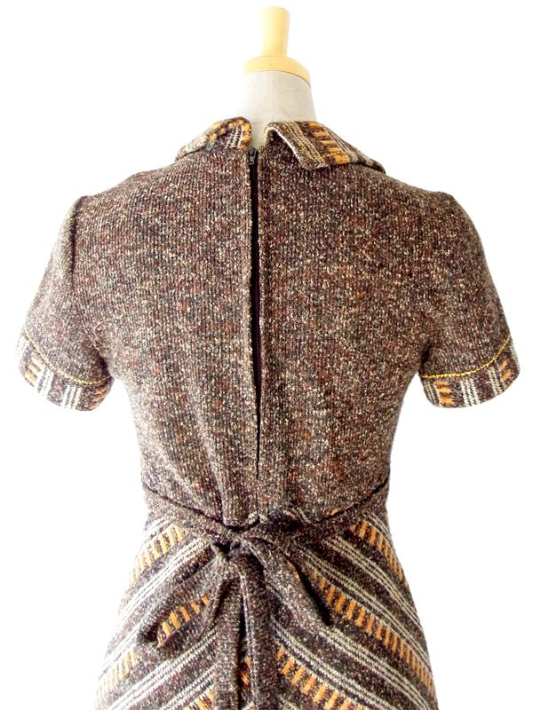 ヨーロッパ古着 フランス買い付け ブラウン X イエロー アーガイル デザインステッチ　ヴィンテージ ワンピース : 13FC616