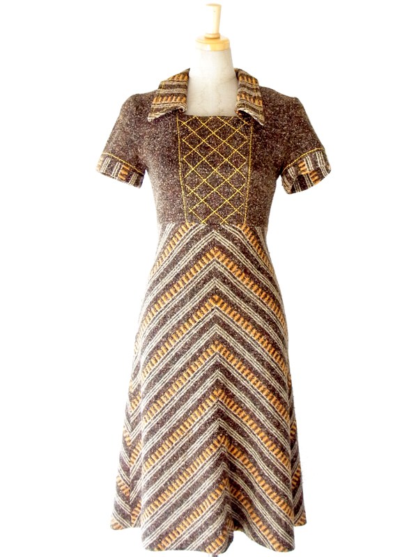 ヨーロッパ古着 フランス買い付け ブラウン X イエロー アーガイル デザインステッチ　ヴィンテージ ワンピース : 13FC616