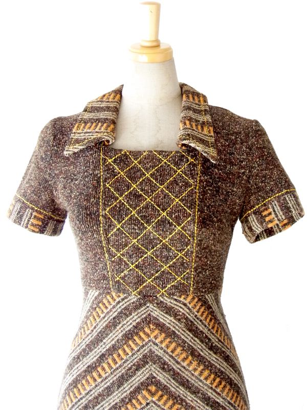 ヨーロッパ古着 フランス買い付け ブラウン X イエロー アーガイル デザインステッチ　ヴィンテージ ワンピース : 13FC616