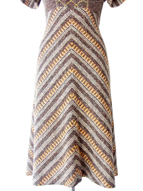 ヨーロッパ古着 フランス買い付け ブラウン X イエロー アーガイル デザインステッチ　ヴィンテージ ワンピース : 13FC616