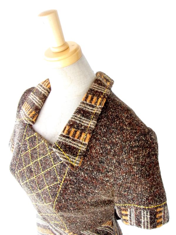 ヨーロッパ古着 フランス買い付け ブラウン X イエロー アーガイル デザインステッチ　ヴィンテージ ワンピース : 13FC616