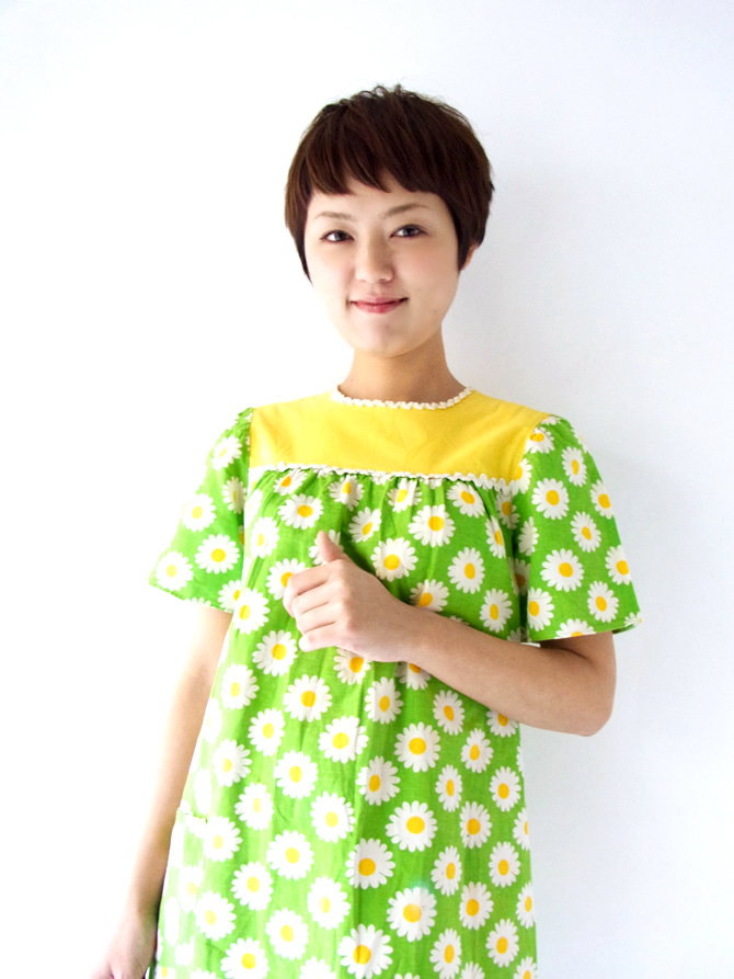 【ヨーロッパ古着】フランス買い付け 60年代製 グリーンX イエロー 花柄 ヴィンテージ チュニック ワンピース : 13FC7【レトロポップ】