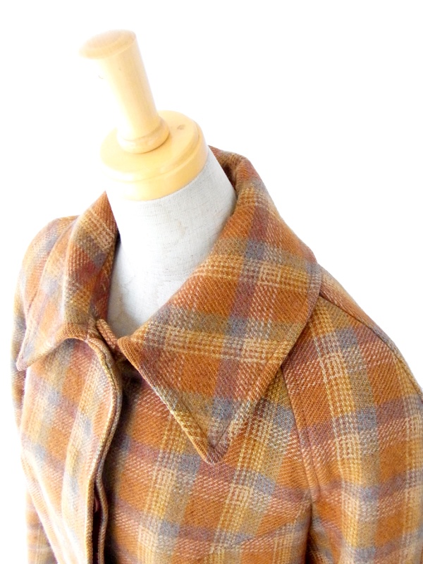 ヨーロッパ古着 ６０年代フランス製 オレンジ &times;グレイ チェック柄　ヴィンテージ ツイード コート : 13FC808