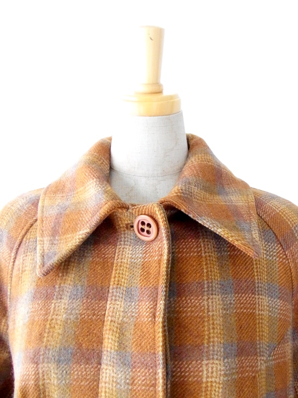 ヨーロッパ古着 ６０年代フランス製 オレンジ &times;グレイ チェック柄　ヴィンテージ ツイード コート : 13FC808
