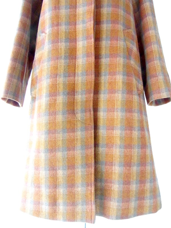 ヨーロッパ古着 ６０年代フランス製 オレンジ &times;グレイ チェック柄　ヴィンテージ ツイード コート : 13FC808