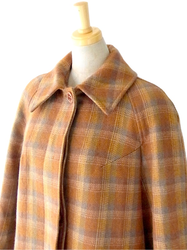 ヨーロッパ古着 ６０年代フランス製 オレンジ &times;グレイ チェック柄　ヴィンテージ ツイード コート : 13FC808