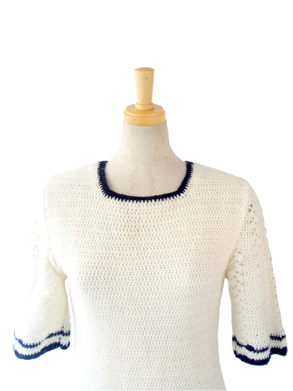 ヨーロッパ古着 フランス買い付け 60年代製 ホワイト X ブルー ライン　ヴィンテージ ニット ワンピース : 13FC818