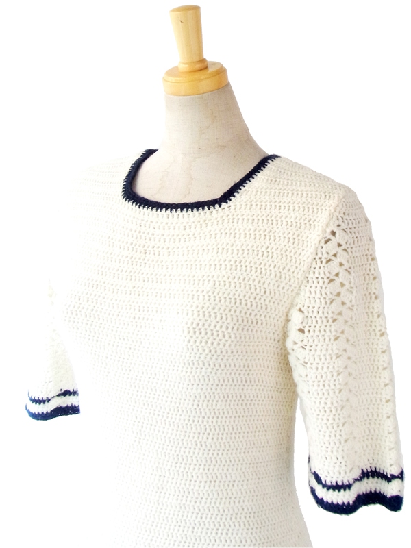 ヨーロッパ古着 フランス買い付け 60年代製 ホワイト X ブルー ライン　ヴィンテージ ニット ワンピース : 13FC818