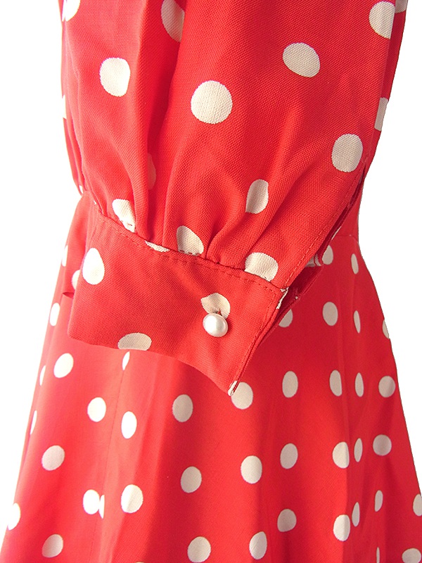 【送料無料】フランス買い付け ６０年代製 レッド X ホワイト 水玉 ヴィンテージ ２ピース セットアップ 14FC021【ヨーロッパ古着】