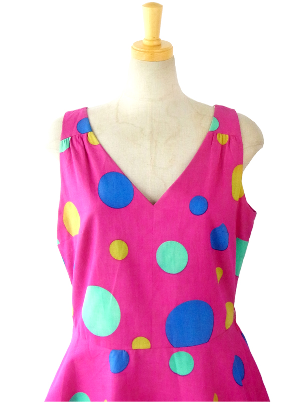ヨーロッパ古着　フランス買い付け ６０年代製 パープル X マルチカラー　水玉プリント　ヴィンテージ　ワンピース