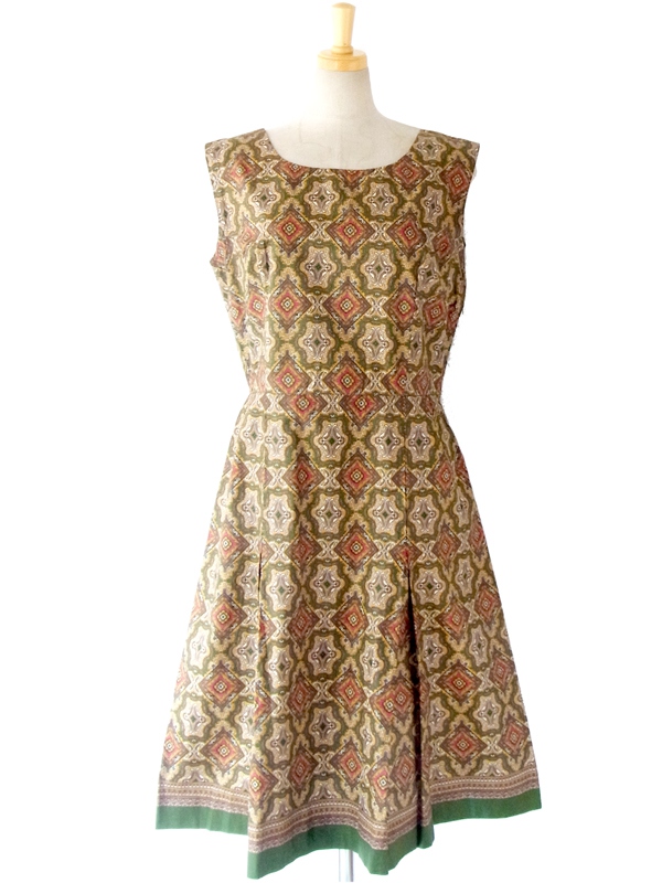 送料無料】フランス買い付け 60年代製 グリーン エスニック柄  