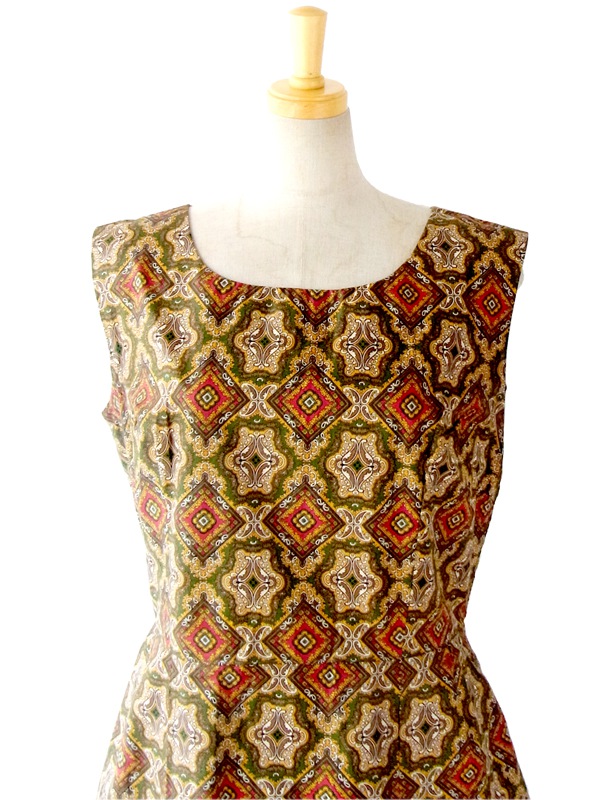 送料無料】フランス買い付け 60年代製 グリーン エスニック柄  