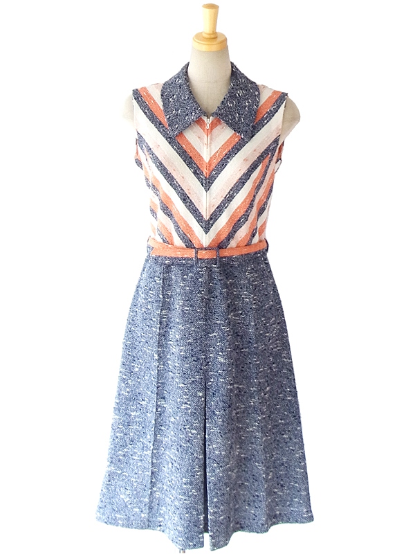 ヨーロッパ古着 ６０年代フランス製 オレンジ・ホワイト・ネイビー &times; バイヤスデザイン ヴィンテージ ワンピース 14FC305