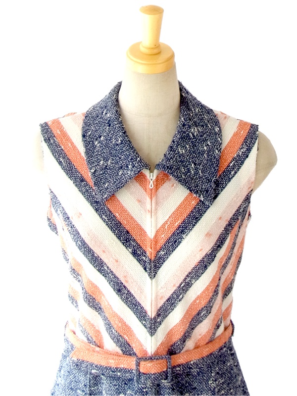 ヨーロッパ古着 ６０年代フランス製 オレンジ・ホワイト・ネイビー &times; バイヤスデザイン ヴィンテージ ワンピース 14FC305