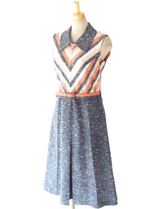 ヨーロッパ古着 ６０年代フランス製 オレンジ・ホワイト・ネイビー &times; バイヤスデザイン ヴィンテージ ワンピース 14FC305