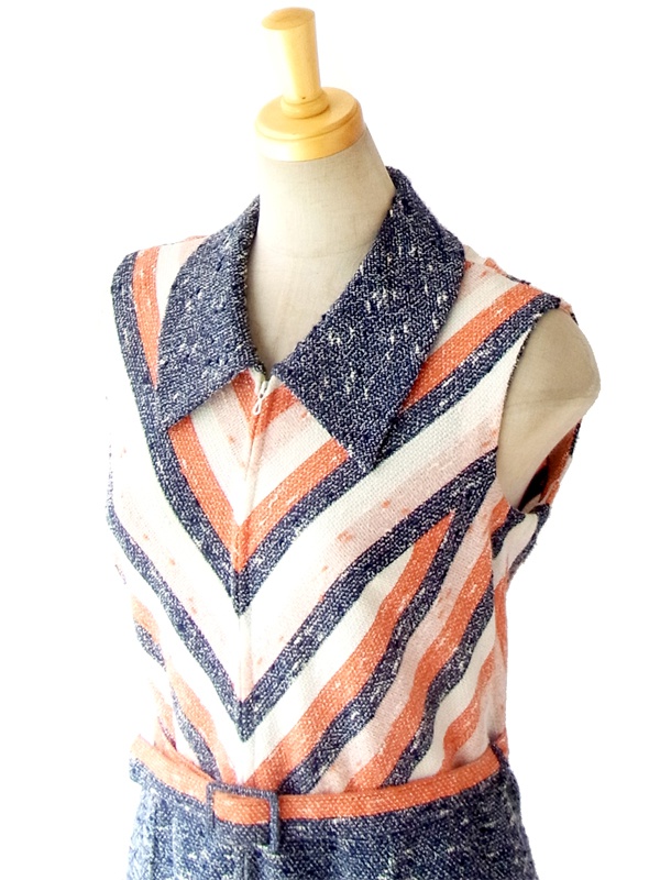 ヨーロッパ古着 ６０年代フランス製 オレンジ・ホワイト・ネイビー &times; バイヤスデザイン ヴィンテージ ワンピース 14FC305