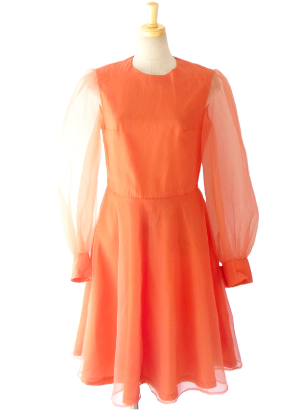 フランス買い付け ６０年代製 レッド シフォン生地　可愛らしいレトロシルエット ワンピース 14FC314