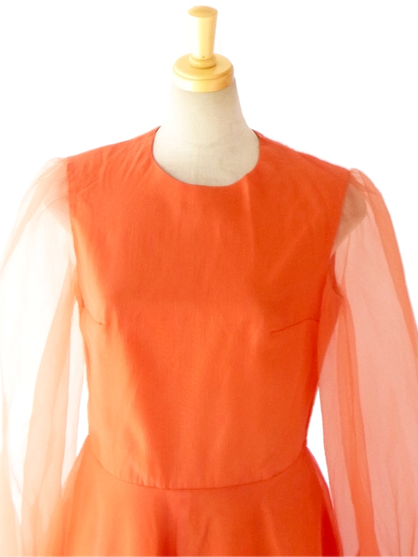 フランス買い付け ６０年代製 レッド シフォン生地　可愛らしいレトロシルエット ワンピース 14FC314