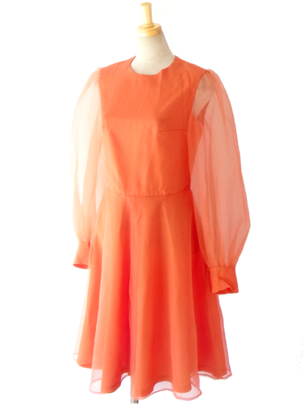 フランス買い付け ６０年代製 レッド シフォン生地　可愛らしいレトロシルエット ワンピース 14FC314