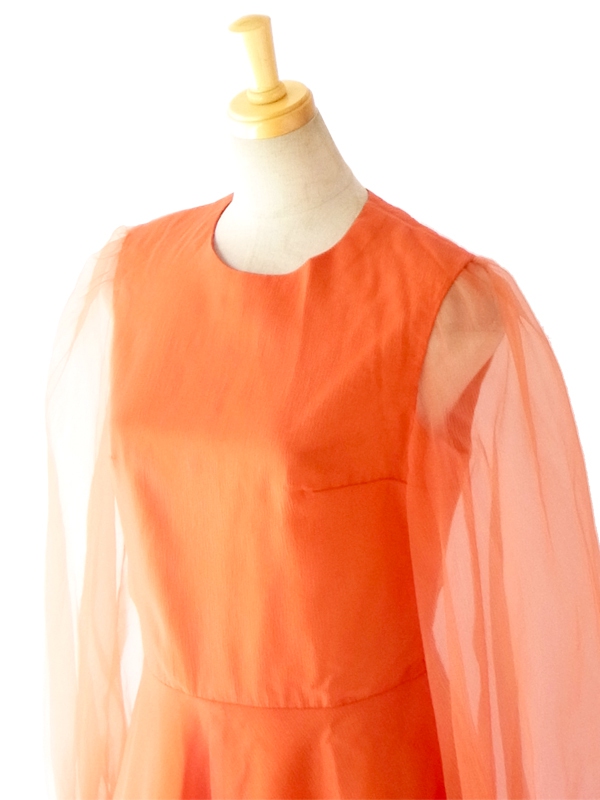 フランス買い付け ６０年代製 レッド シフォン生地　可愛らしいレトロシルエット ワンピース 14FC314