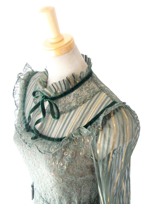 ヨーロッパ古着　フランス買い付け モスグリーン X ラメ入りゴールド レース織り ダマスク柄 ヴィンテージ ドレス 14FC319